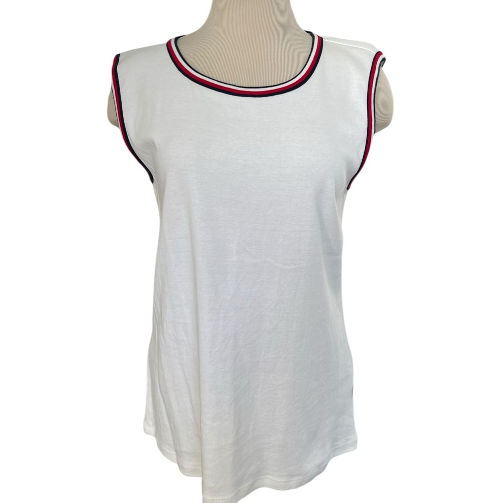 TOMMY HILFIGER‎ White Ringer Sleeveless Crewneck Top Classic Preppy Size LARGE